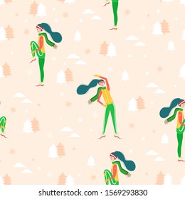 Winter Workout pattern. Exercises and warm up. Girls making different exercises at winter season dressed in warm clothes. Flat cartoon vector illustration