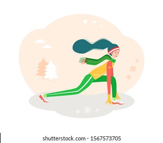 Winter workout. Training. Well being. Winter outdoor activity. Girl performs exercises at winter season dressed in warm clothes. Flat cartoon vector illustration