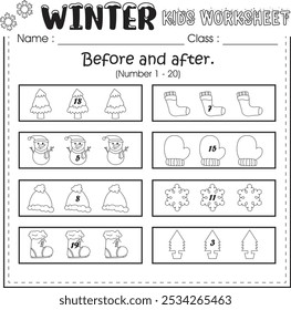 Winter worksheet (mathematic) : before and after 1 to 20