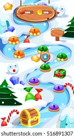 Winter World Mobile Game User interface GUI map screen. Winter game map. Winter game elements.Fir-tree, chest and snowball. Vector gui. Happy New Year and Christmas Illustrations.