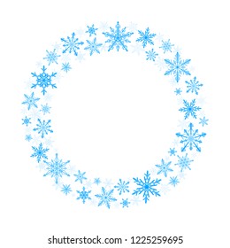 Winter wreath of blue snowflakes on white background. Cold weather winter symbols