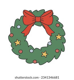 Winter wreath with bow, stars and balls. Template for Christmas greeting card, invitation, poster, banner, print. Isolated vector illustration