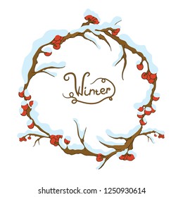 Winter wreath of branches in the snow on a white background