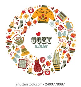 
Winter wreath. Card in cartoon design. Cup of hot drink, teapot,cat, gift, cookie, sock, cupcake.  Vector illustration. Winter season cozy symbols.