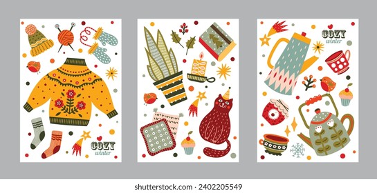 Winter wreath. Card in cartoon design. Cup of hot drink, teapot,cat, gift, cookie, sock, cupcake.  Vector illustration. Winter season cozy symbols.