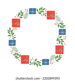 Winter wreath with gift boxes, twigs and berries. Template for Christmas greeting card, invitation, poster, banner, print. Isolated vector illustration