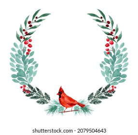 Winter wreath with green foliage red berries and cardinal bird. Hand painted watercolor.