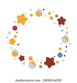 Winter wreath made of fir branches, decorated with Christmas decorations, balls and stars. Modern design for holiday invitation card, poster, banner, greeting card, postcard, packaging, print. Vector 