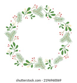 Winter wreath with mistletoe and pine twigs. Template for Christmas greeting card, invitation, poster, banner, print. Isolated vector illustration