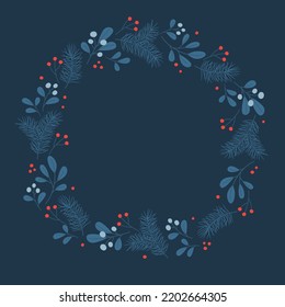 Corona de invierno con mistletoe y ramas de pino en colores azules. Plantilla para tarjeta de felicitación de Navidad, invitación, afiche, cartel, impresión. Ilustración del vector