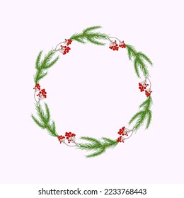 Winter wreath of pine branches and berries. Hand drawn Christmas wreath with space for text. Nature vector illustration.