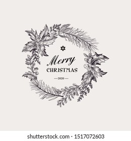 Winter wreath with pine, holly, boxwood, mistletoe and fern branches. Engraving style. Vector botanical illustration. Black and white.