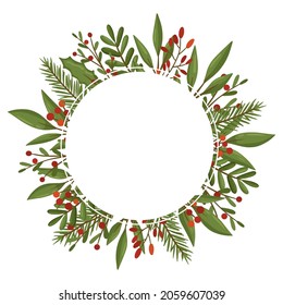 Winter wreath with plants and berries. Modern design for Holidays invitation card, poster, banner, greeting card, postcard, packaging, print. Vector illustration isolated on white background.