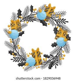 Winter wreath with plants, gifts and Christmas baubles. Modern design for Holidays invitation card, poster, banner, greeting card, postcard, packaging, print. Vector illustration. 