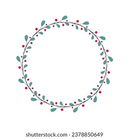 Winter wreath with red berries, branches and leaves. Modern design for Holidays invitation card, poster, banner, greeting card, postcard, packaging, print. Vector illustration.