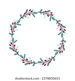 Corona de invierno con bayas rojas, ramas y hojas. Diseño moderno para tarjetas de invitación de vacaciones, afiche, banner, tarjeta de saludo, postal, embalaje, impresión. Ilustración vectorial.