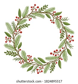 Winter wreath with red berries and pine twigs. Modern design for Holidays invitation card, poster, banner, greeting card, postcard, packaging, print. Vector illustration.