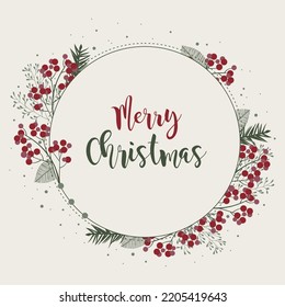 Winter wreath with red berries and pine twigs. Modern design for Holidays invitation card, poster, banner, greeting card, postcard, packaging, print. Vector illustration.