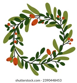 Corona de invierno con bayas rojas y ramas de pino. Diseño moderno para tarjetas de invitación de vacaciones, afiche, banner, tarjeta de saludo, postal, embalaje, impresión. Elemento natural de las vacaciones de Navidad. Vector