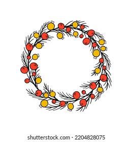 Winter wreath with red and yellow berries and pine twigs. Doodle style hand drawn vector illustration. Cute design for Holiday invitations, poster, banner, card.
