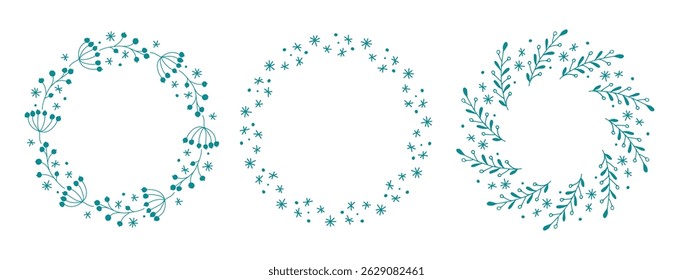 Winter wreath set. Circle Winter twigs and berries, snowflakes frames for design, for greeting card, invitation. Hand drawn doodle style. Floral illustration with copy space. Wreaths from branches.