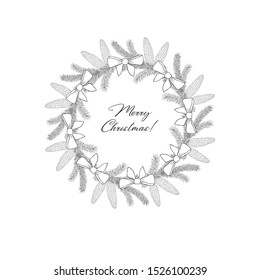 Winter wreaths with evergreen plant and branches. Christmas and New Year background. Holiday and celebration graphics.