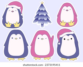 Winter xmas cute sticker with kawaii cartoon animals character penguin collection of funny sticker set with different emotions and situations. Isolated vector illustration