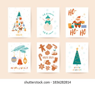 Plantilla vectorial de tarjeta de felicitación de navidad de invierno. Feliz Navidad y felices postales de año nuevo, afiche, pancarta. Símbolos estacionales tradicionales ilustraciones con tipografía, Santa, Snowman, Gingerbread