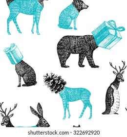 Winter xmas illustration of trendy hand drawn black pencil animals penguin, bear, rabbit, deer heads form of geometric presents and cones. Vector seamless vintage retro pattern sketch white background