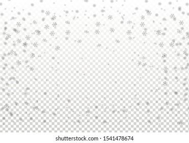 Winter Xmas snow flake ice elements template for Christmas of New Year holiday design. Falling snowflake pattern background of white cold snowfall overlay texture isolated on transparent background. 