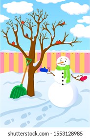 Winter yard with a fence, a tree, bullfinches, a shovel and a snowman. 
Daytime.Good holiday picture. 
vector and illustration