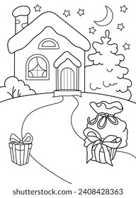 Winter, winter yard, New Year, Christmas, gifts. Background, coloring page. Black and white vector illustration.