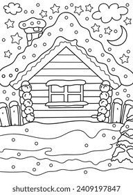 Winter yard, night, wooden house, snow. Background, coloring page. Black and white vector illustration.