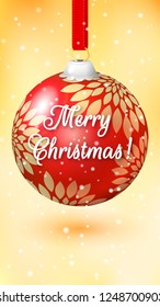 Winter yellow background for vertical screens with a large red Christmas ball. Inscription Merry Christmas!