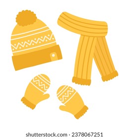 Winter yellow knitted hat with pompoms, scarf and mittens with scandinavian pattern. Cartoon flat vector illustration