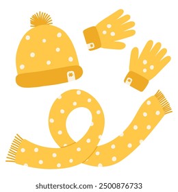 Winter yellow knitted hat, scarf and mittens with polka dot pattern. Cartoon flat vector illustration