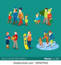 Winter young happy people family set flat 3d isometry isometric concept web infographics vector illustration. Mom dad son daughter, gift present, snowboarder, skaters. Creative people collection.