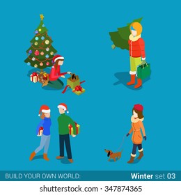 Winter young happy people family set flat 3d isometry isometric concept web vector illustration. Loving young couple girl gift unwrap dog walking spruced fir tree. Creative winter holidays collection.