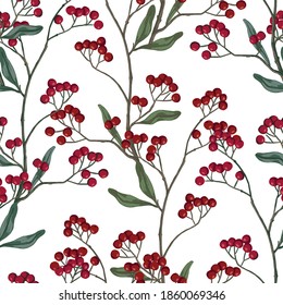 Winterberry, holly berries on branches hand drawn vector seamless pattern. Colored botanical background. Wallpaper with vintage drawing. Abstract design for prints, card, decor, wrap, fabric, textile.