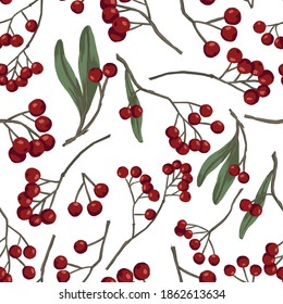 Winterberry, holly berries on branches hand drawn vector seamless pattern. Colored botanical background. Wallpaper with vintage drawing. Abstract design for prints, card, decor, wrap, fabric, textile.