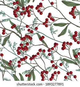 Winterberry, holly berries on branches hand drawn vector seamless pattern. Colored botanical background. Wallpaper with vintage drawing. Abstract design for prints, card, decor, wrap, fabric, textile.