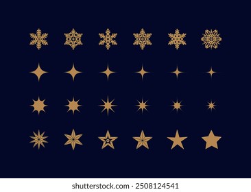 Winter-inspired gold decorations. Vector icons set of snowflakes, sparkles and stars.