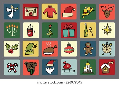 Winter,New year, Christmas colored icons set.Many different decorative elements for winter holidays in square buttons. Trendy flat style.Doodle sketch in  style of  child's hand drawing. Vector