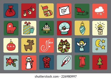 Winter,New year, Christmas colored icons set.Many different decorative elements for winter holidays in square buttons. Trendy flat style.Doodle sketch in  style of  child's hand drawing. Vector