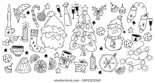 Winter,New year, Christmas outline icons Big set.Many different decorative elements for winter holidays for design. Doodle sketch in style of child's hand drawing. Vector