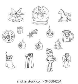 Winter,New year, Christmas outline icons set.Many different decorative elements for winter holidays for design. Trendy flat style.Doodle sketch in  style of  child's hand drawing. 
