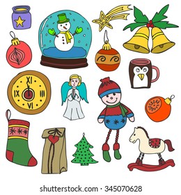 Winter,New year, Christmas outline icons color set. Many different decorative elements for winter holidays for design. Trendy flat style. Doodle sketch in style of child's hand drawing.