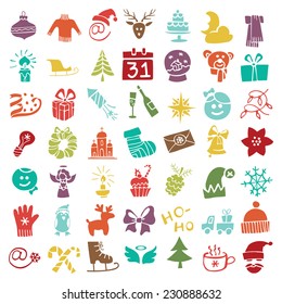 Winter,New year, Christmas silhouette icons  set.Many different decorative colored elements for winter holidays . Trendy flat style.Doodle sketch in  style of  child's hand drawing. Vector