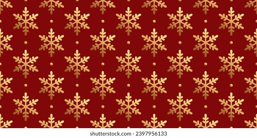 Winter's Bright Seamless Pattern of Golden Snowflakes on Red Backdrop. Winter Continuous Background for  Gift Wrapping Paper, Pack Paper, Christmas Stuffs and Products.