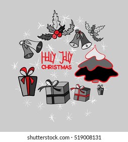 Winter`s holiday cards set. Season`s greeting handwritten calligraphy. Christmas tree,  Christmas holly,  boxes for gifts and candy. Vector illustration.